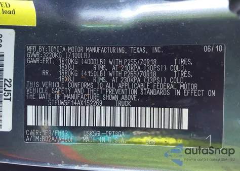 2010 Toyota Tundra Grade 5.7L V8 z USA, uszkodzony, nr VIN 5TFUW5F14AX152269
